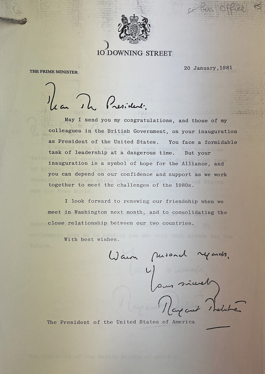 Letter from Thatcher to Reagan congratulating him on election victory 1981